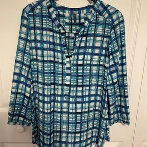 NYDJ Blouse Pleat Plaid Blue Teal Size M